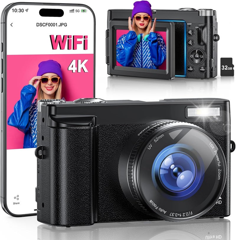 SIXTARY 4K Digital Camera for Photography, WiFi 64MP 180° Flip Screen 3" Autofocus Vlogging Camera for YouTube, 16X Zoom Compact Point and Shoot Cameras for Beginner with 32GB Card, 2 Batteries - Image 1